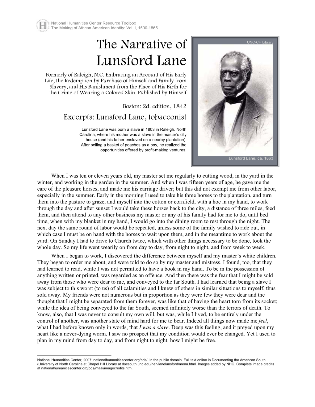 The Narrative of Lunsford Lane, 1842, Excerpts