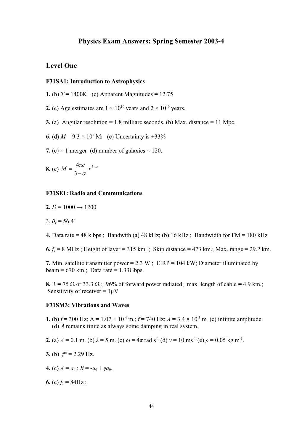 Physics Exam Answers: Autumn Semester 2000-1