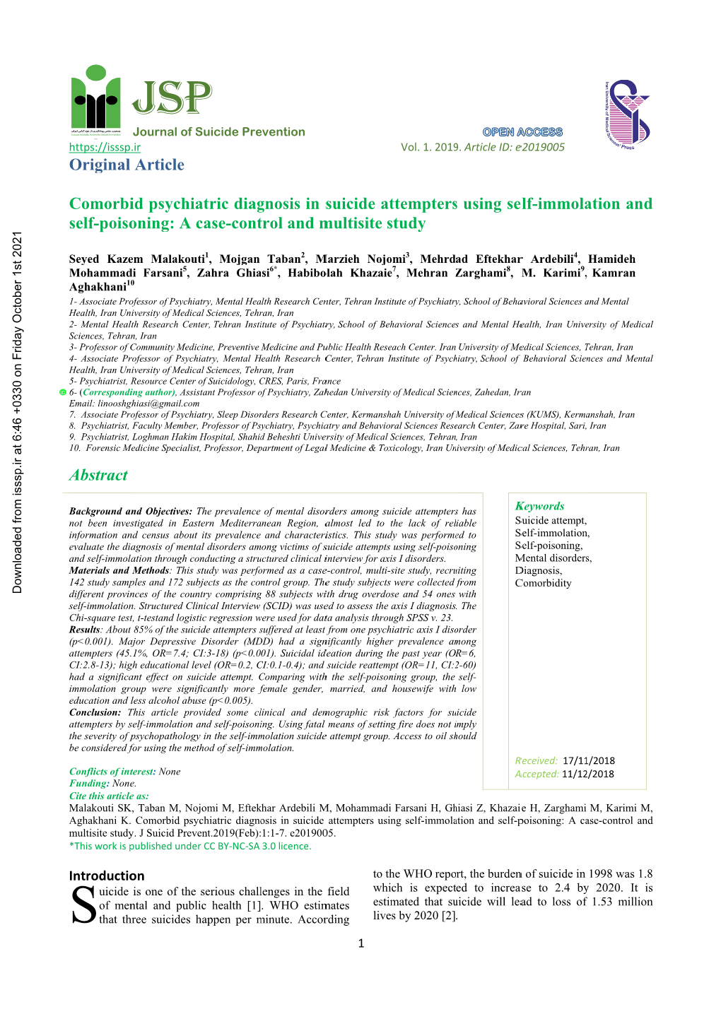 Comorbid Psychiatric Diagnosis in Suicide Attempters Using Self-Immolation and Self-Poisoning: a Case-Control and Multisite Study