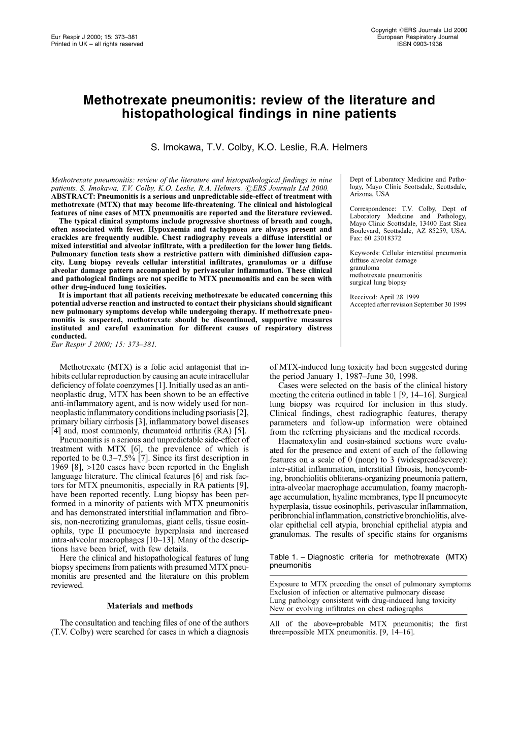 Methotrexate Pneumonitis: Review of the Literature and Histopathological Findings in Nine Patients