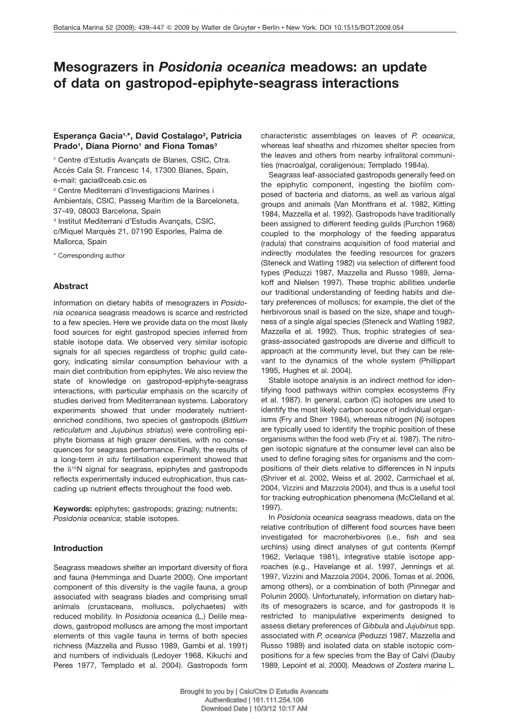 Mesograzers in Posidonia Oceanica Meadows: an Update of Data on Gastropod-Epiphyte-Seagrass Interactions