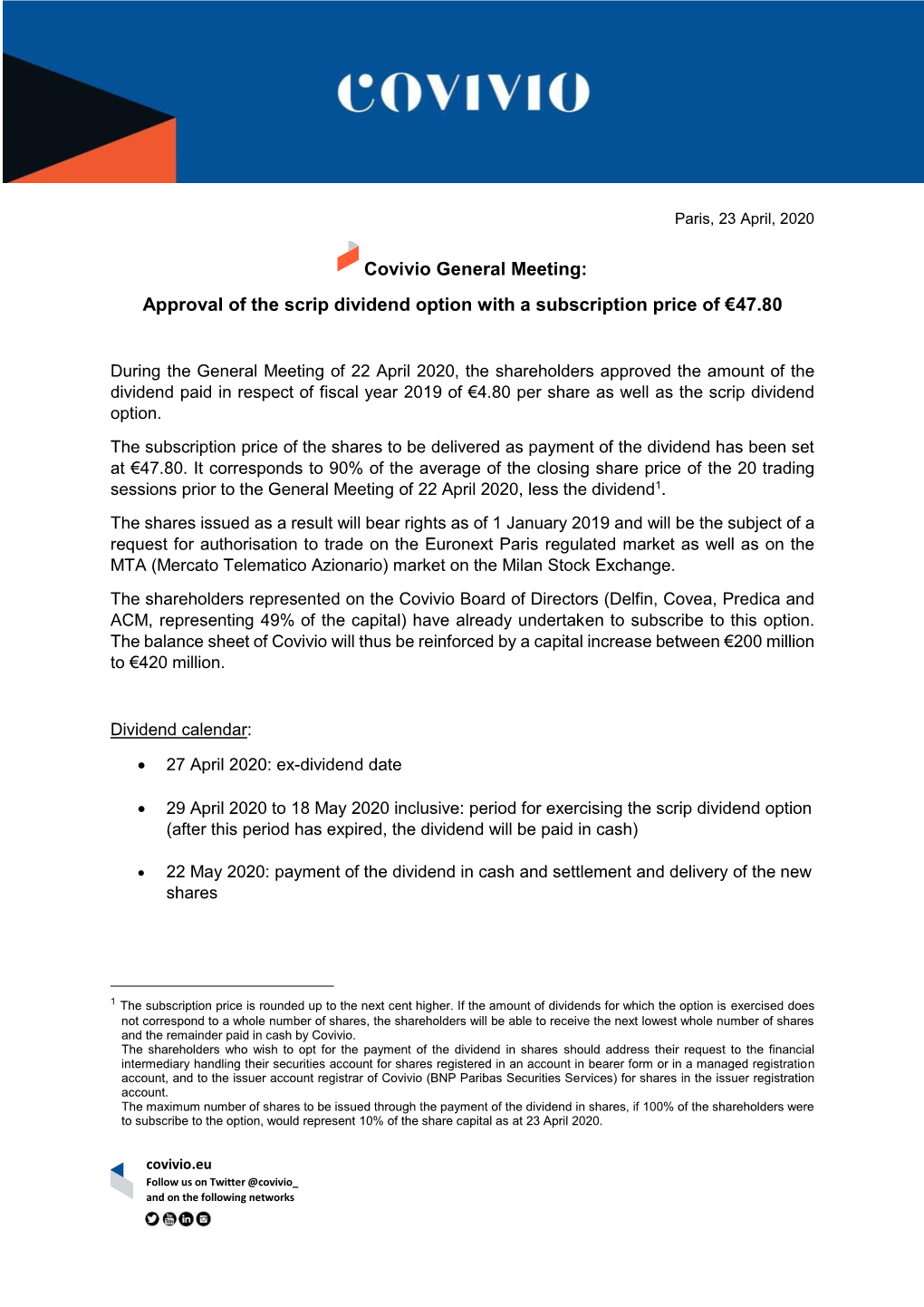 Covivio General Meeting: Approval of the Scrip Dividend