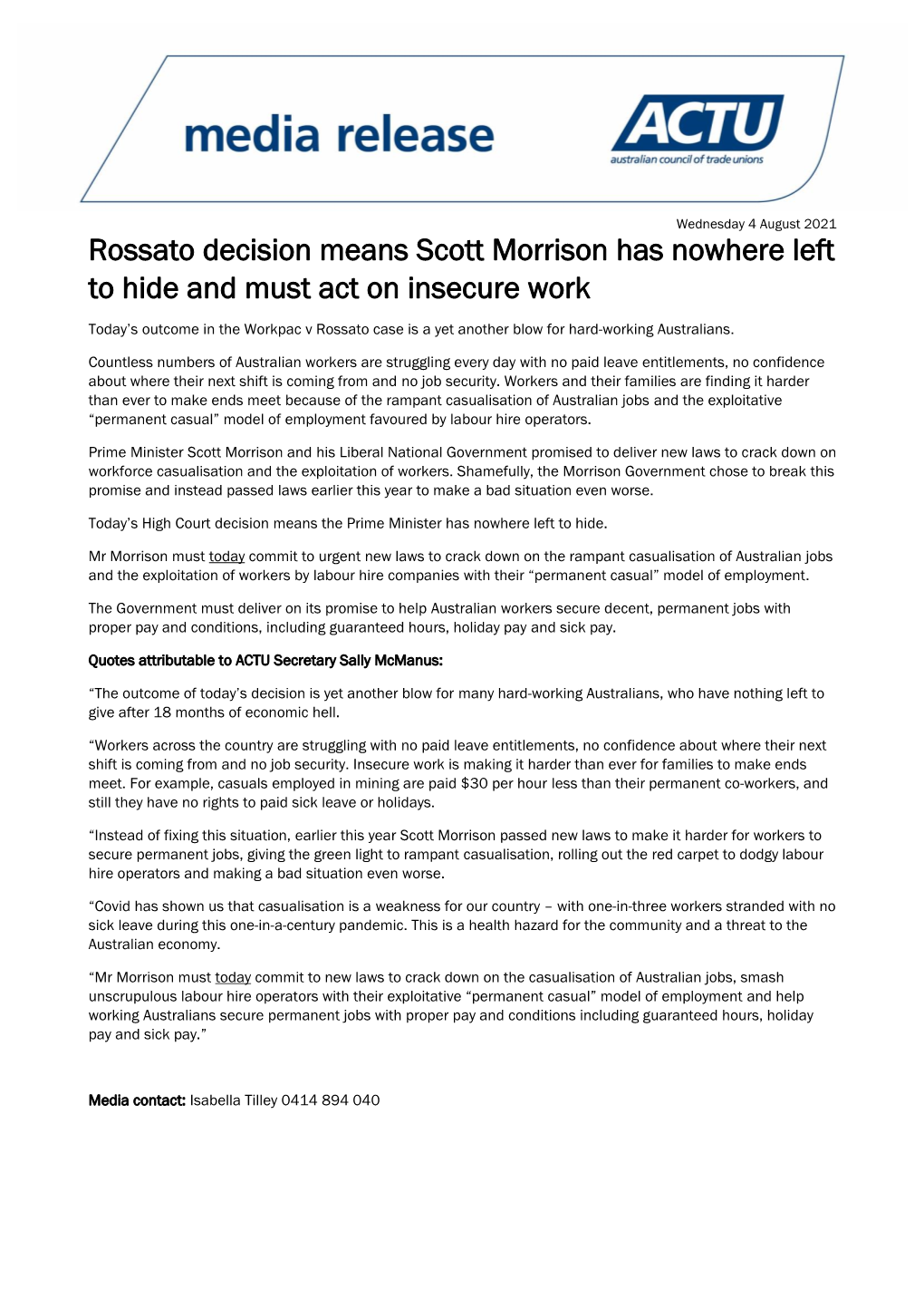 Rossato Decision Means Scott Morrison Has Nowhere Left to Hide and Must Act on Insecure Work