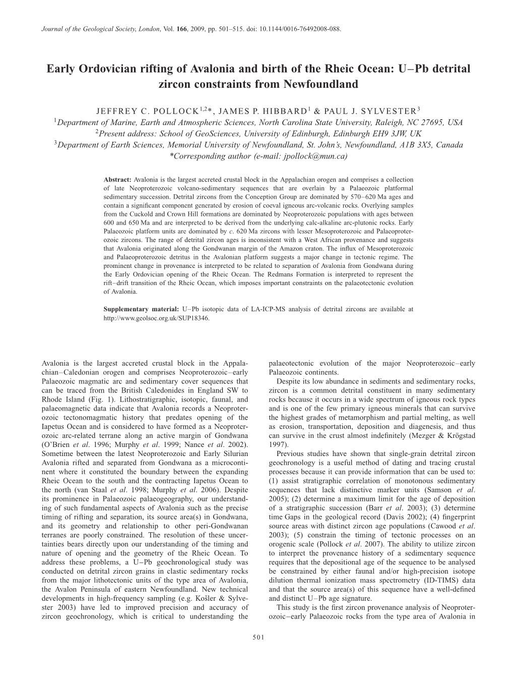 Early Ordovician Rifting of Avalonia and Birth of the Rheic Ocean: U–Pb Detrital Zircon Constraints from Newfoundland