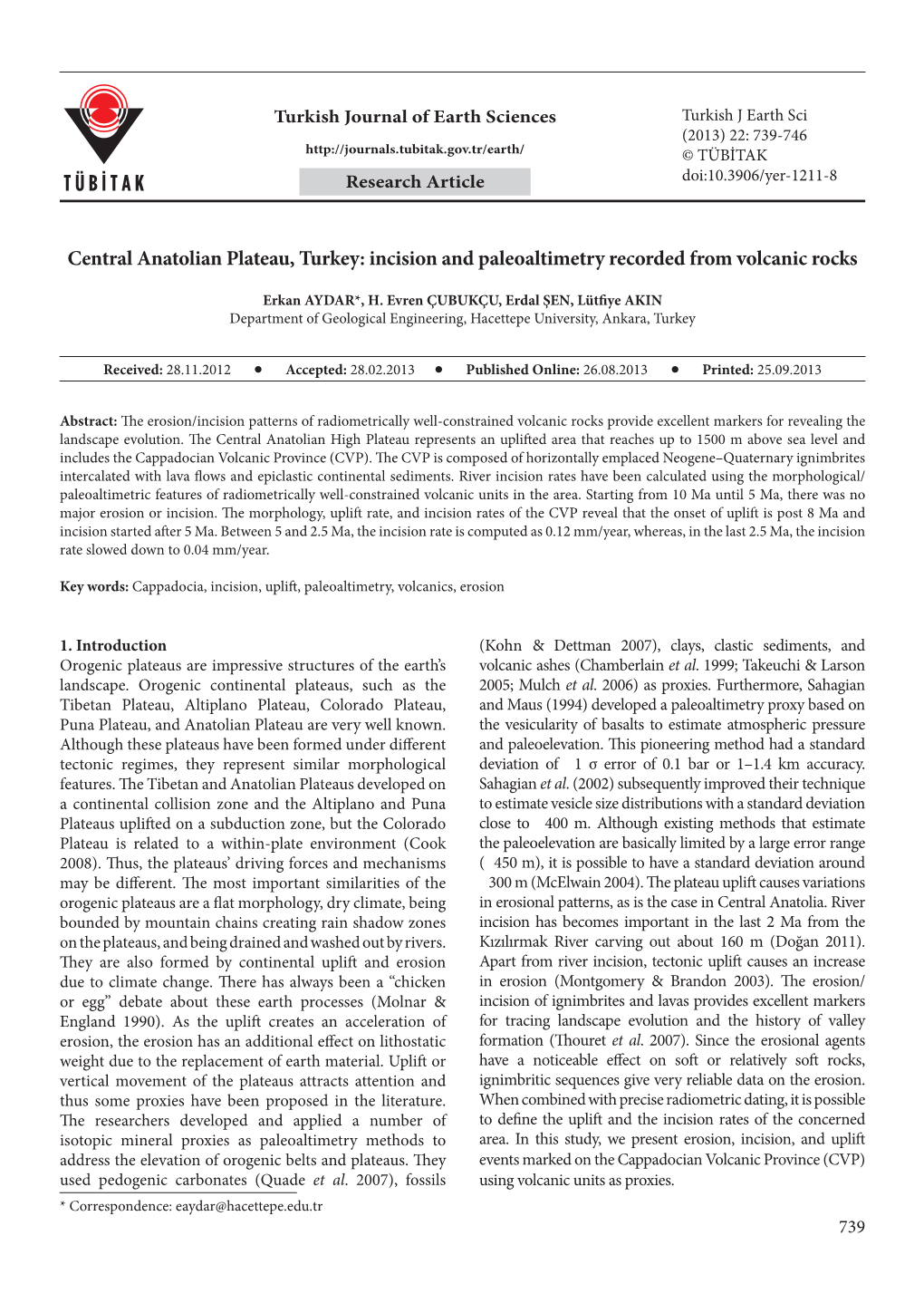 Central Anatolian Plateau, Turkey: Incision and Paleoaltimetry Recorded from Volcanic Rocks