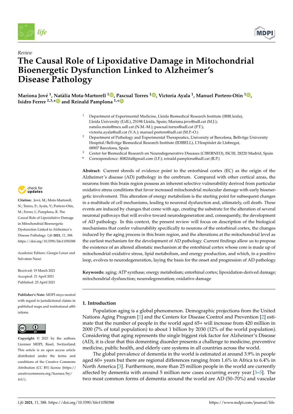 The Causal Role of Lipoxidative Damage in Mitochondrial Bioenergetic Dysfunction Linked to Alzheimer’S Disease Pathology