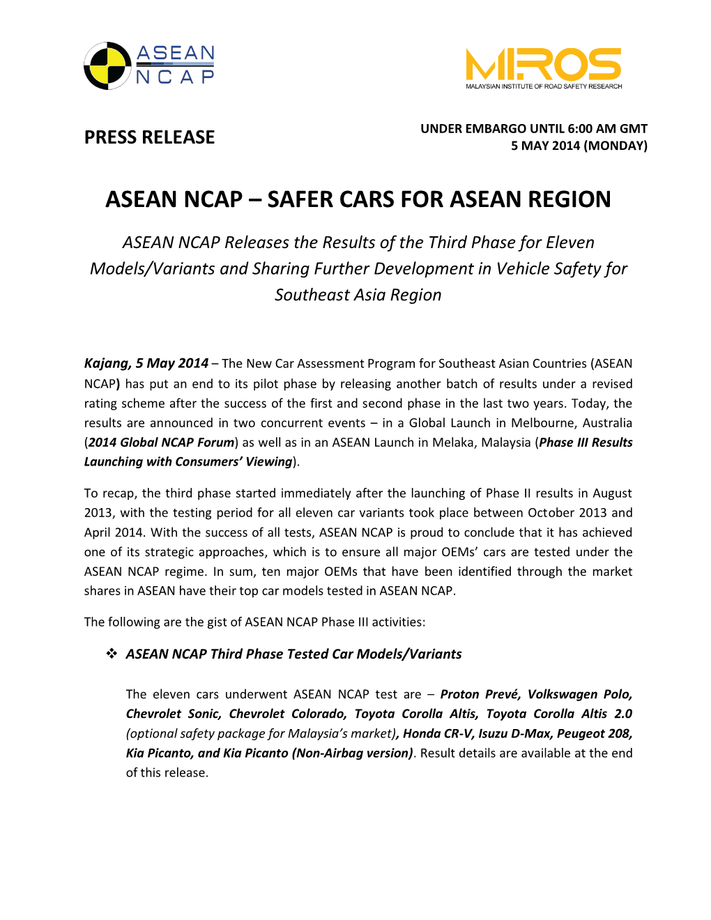 Safer Cars for Asean Region