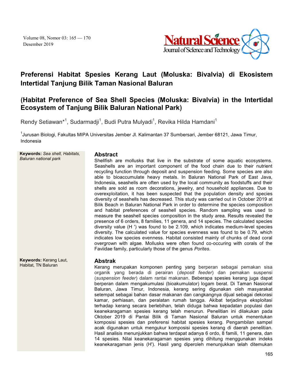 Preferensi Habitat Spesies Kerang Laut (Moluska: Bivalvia) Di Ekosistem Intertidal Tanjung Bilik Taman Nasional Baluran