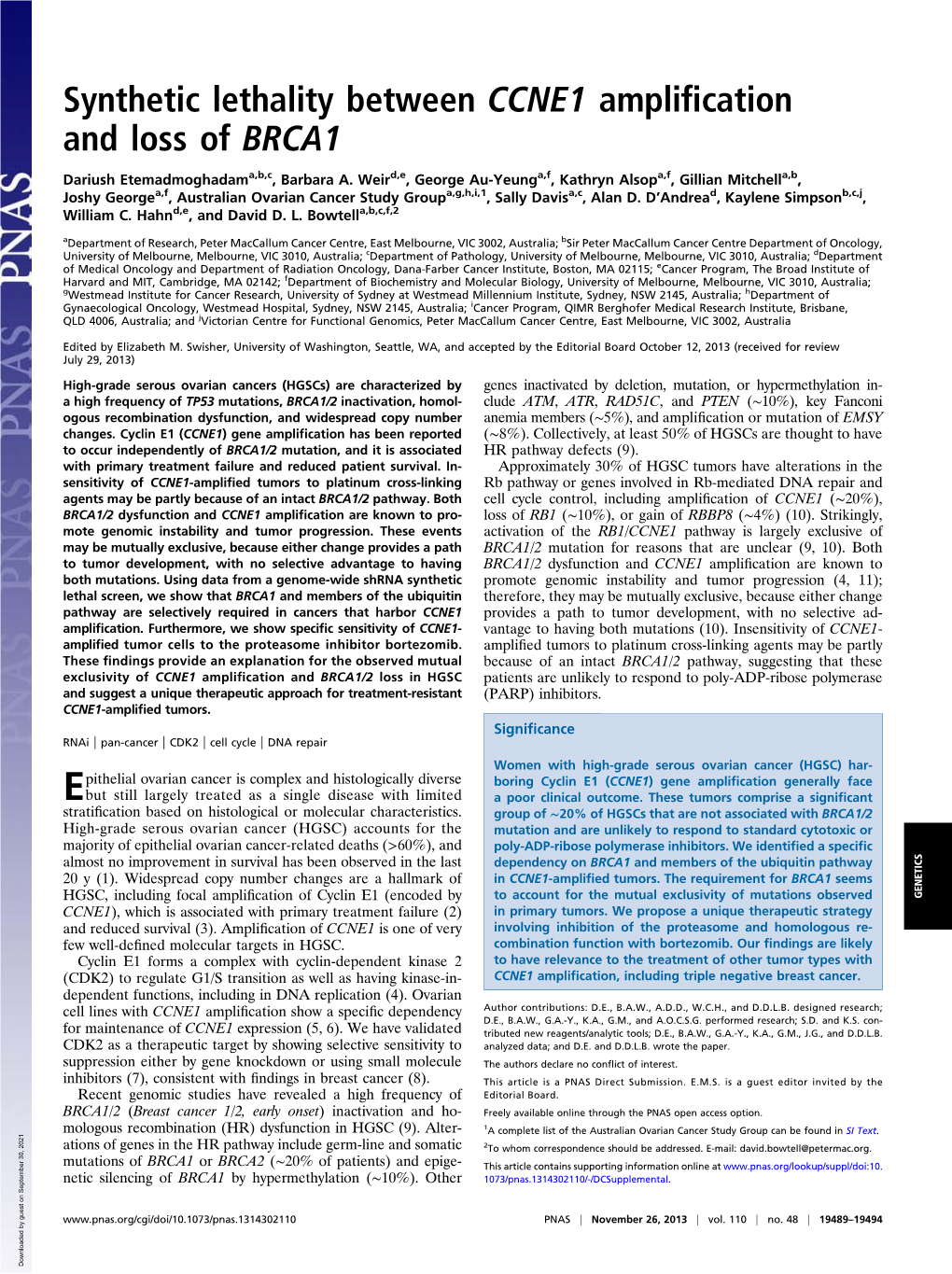 Synthetic Lethality Between CCNE1 Ampli Fication and Loss of BRCA1