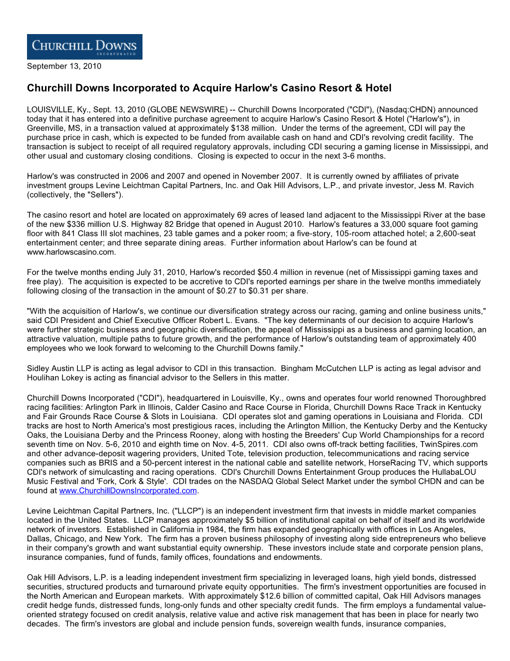 Churchill Downs Incorporated to Acquire Harlow's Casino Resort & Hotel