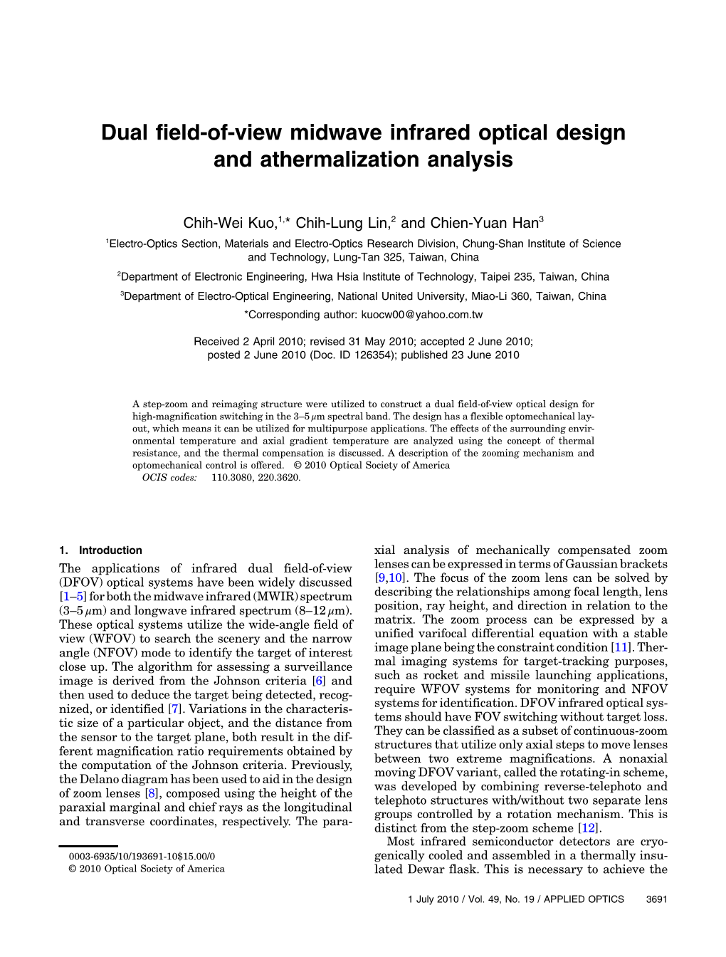 Dual Field-Of-View Midwave Infrared Optical Design and Athermalization Analysis