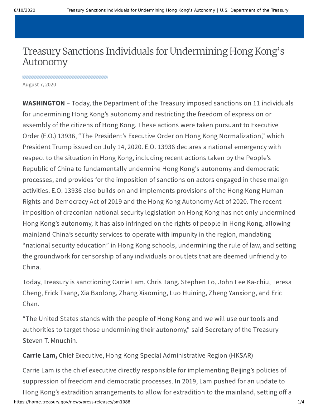 Treasury Sanctions Individuals for Undermining Hong Kong's