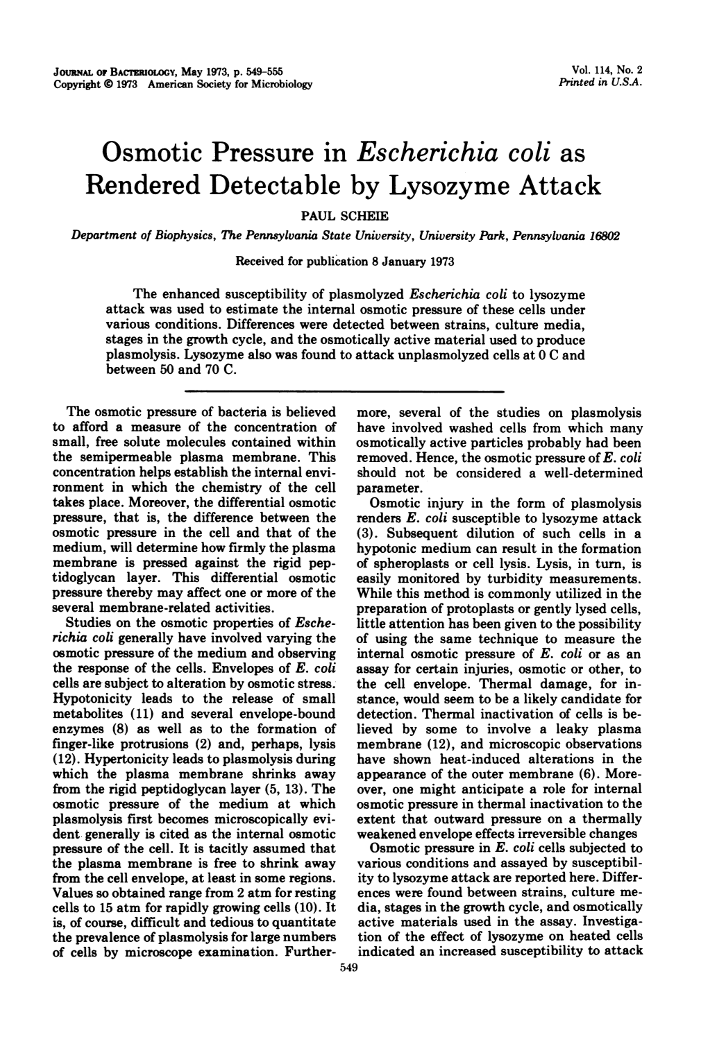 Osmotic Pressurein Escherichia Coli As Rendered Detectable By