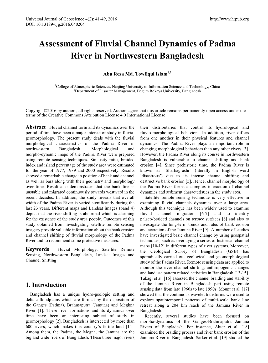 Assessment of Fluvial Channel Dynamics of Padma River in Northwestern Bangladesh