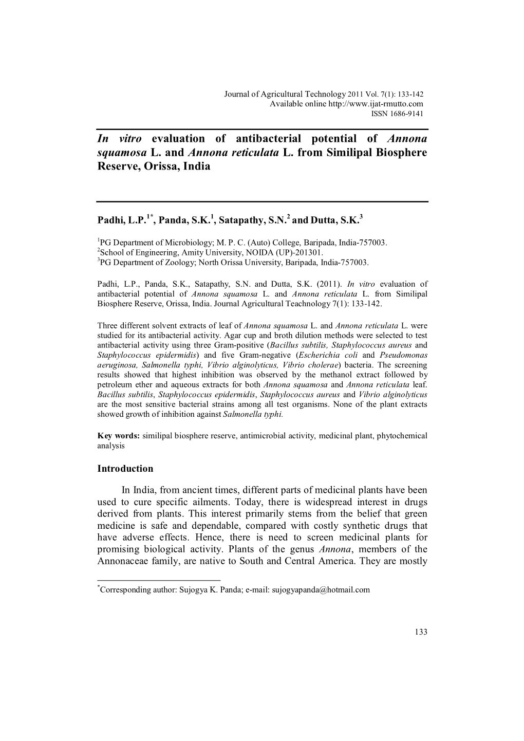 In Vitro Evaluation of Antibacterial Potential of Annona Squamosa L