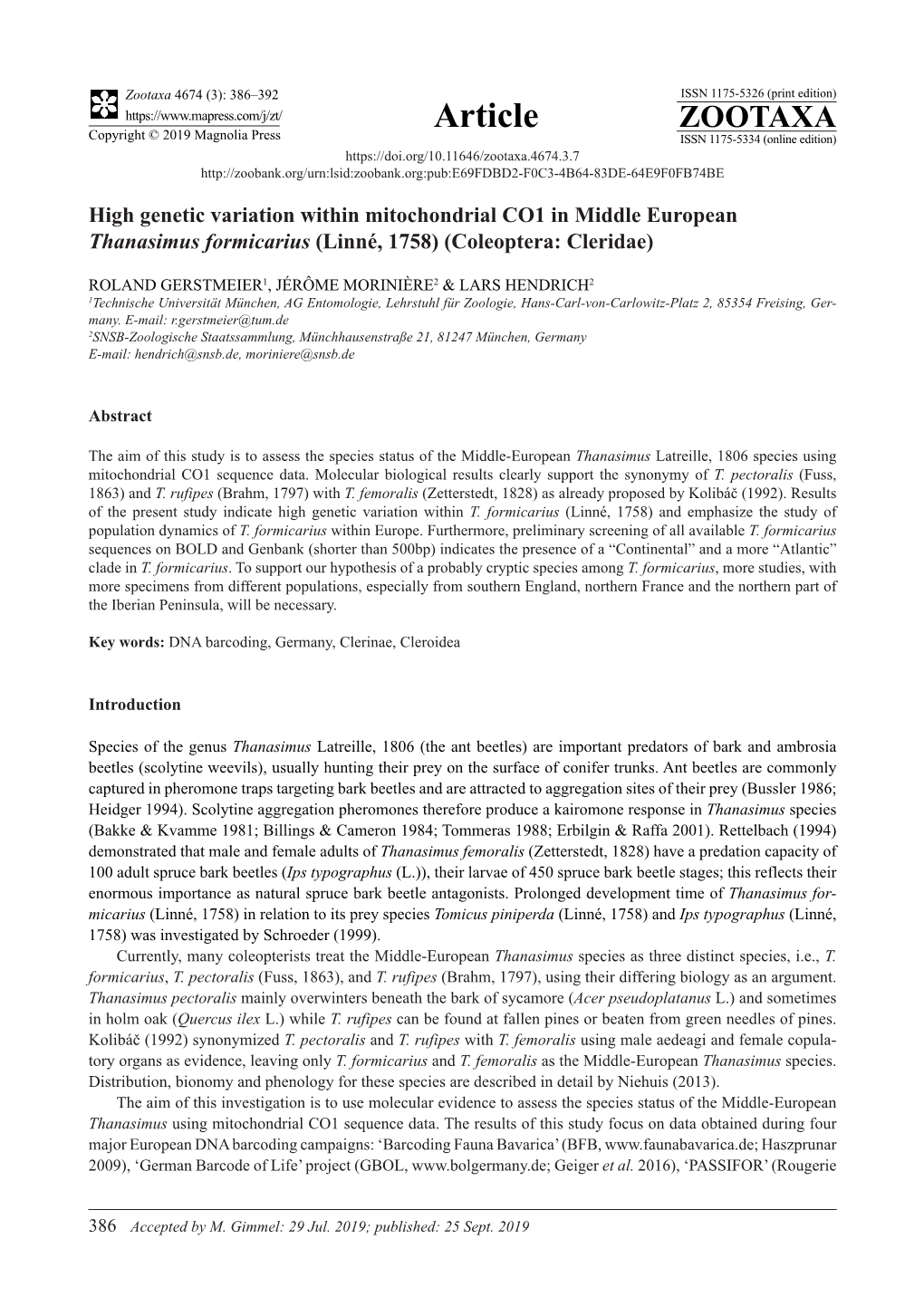 High Genetic Variation Within Mitochondrial CO1 in Middle European Thanasimus Formicarius (Linné, 1758) (Coleoptera: Cleridae)