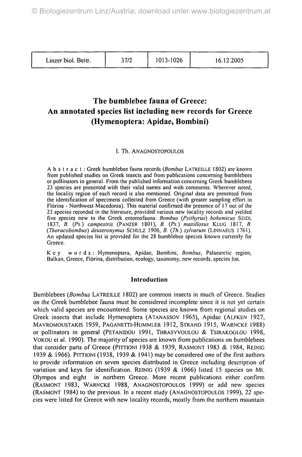 The Bumblebee Fauna of Greece: an Annotated Species List Including New Records for Greece (Hymenoptera: Apidae, Bombini)