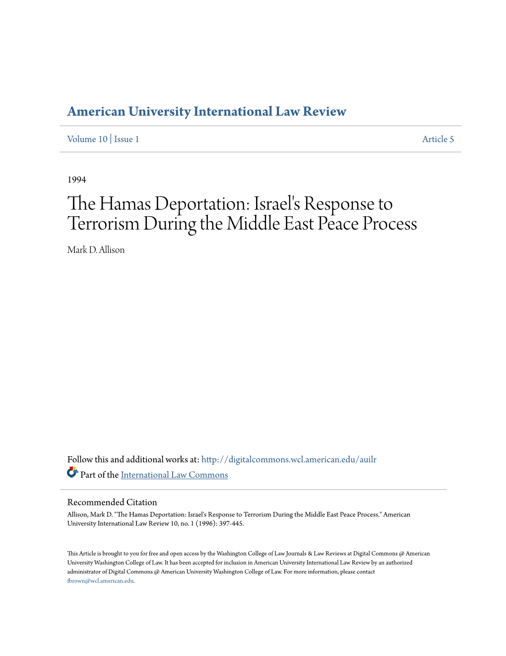 The Hamas Deportation: Israel's Response to Terrorism During the Middle East Peace Process