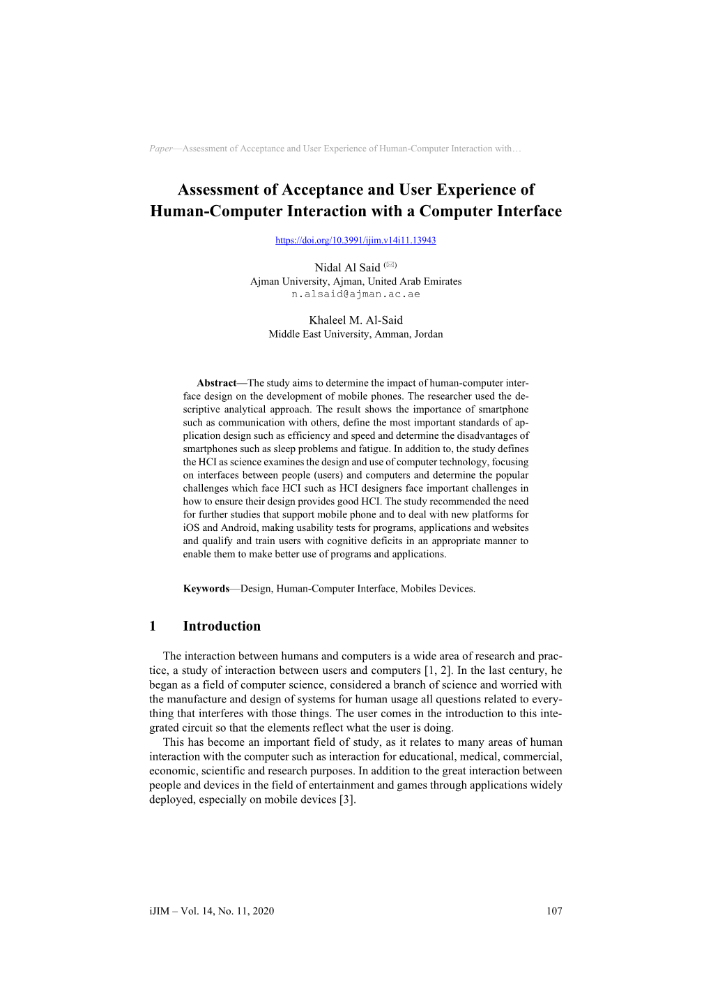 Assessment of Acceptance and User Experience of Human-Computer Interaction with a Computer Interface