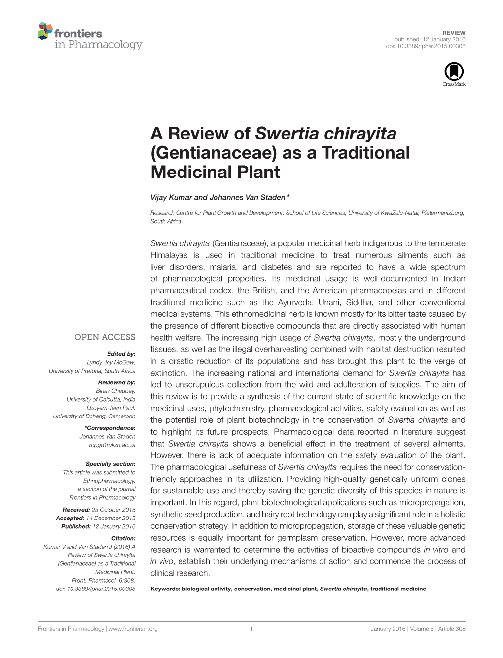 A Review of Swertia Chirayita (Gentianaceae) As a Traditional Medicinal Plant
