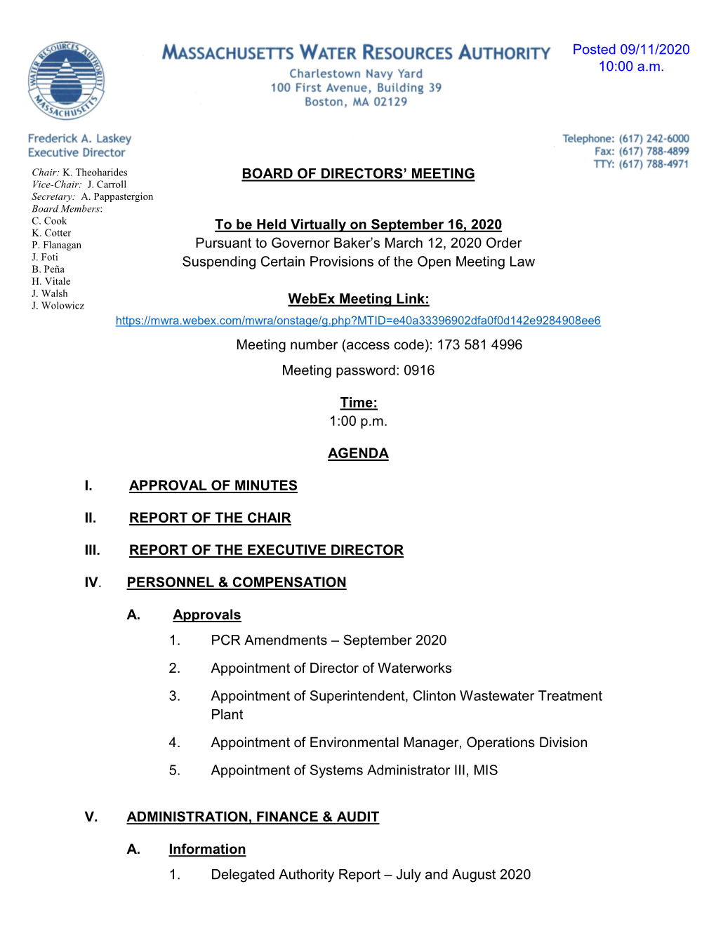 MWRA Board of Directors Meeting Materials