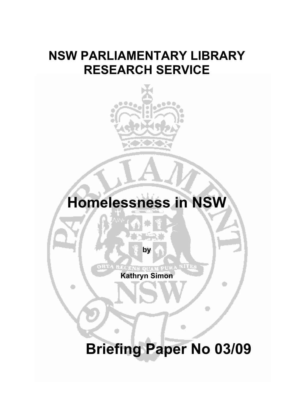 Homelessness in NSW Briefing Paper No 03/09