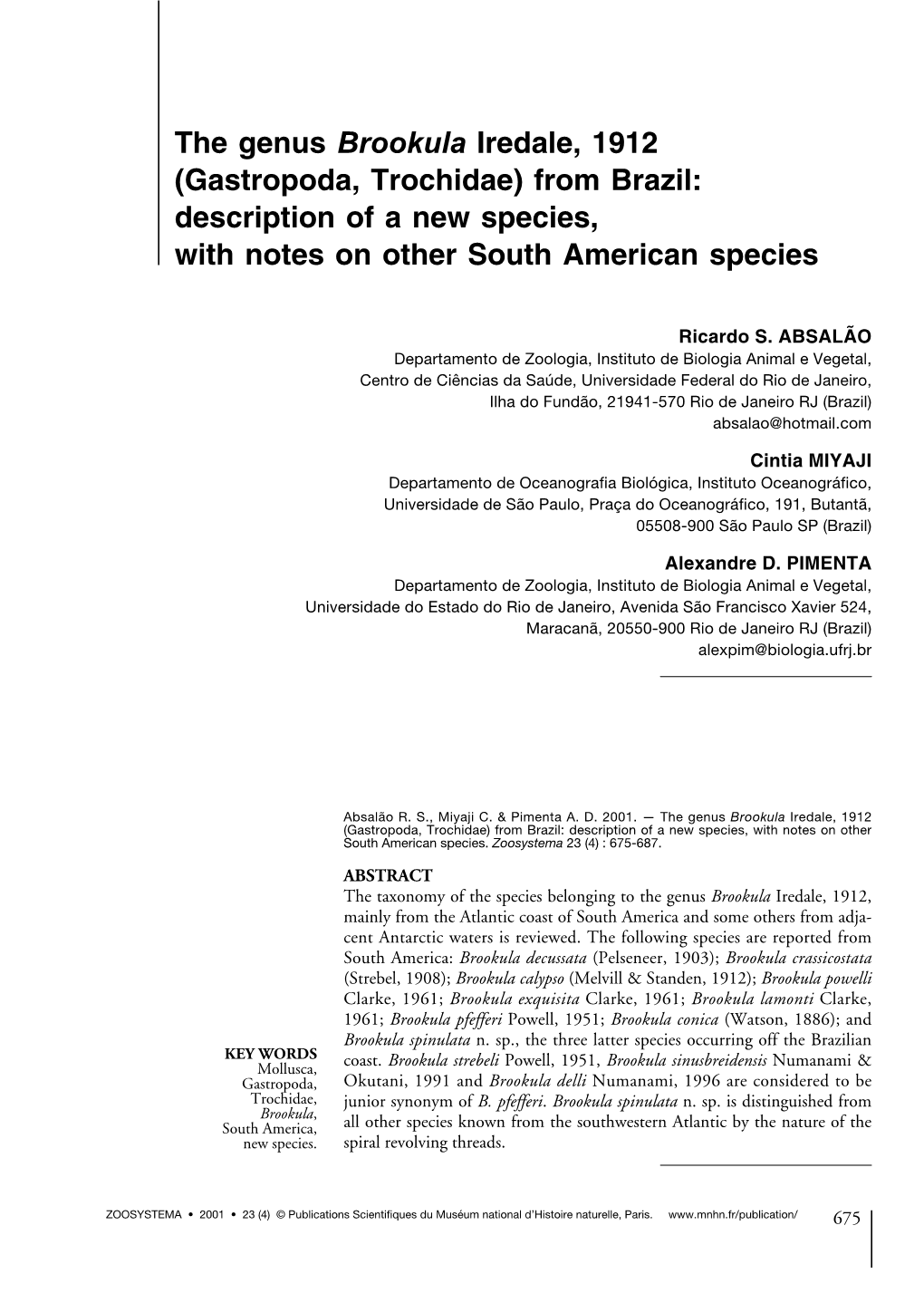 Gastropoda, Trochidae) from Brazil: Description of a New Species, with Notes on Other South American Species