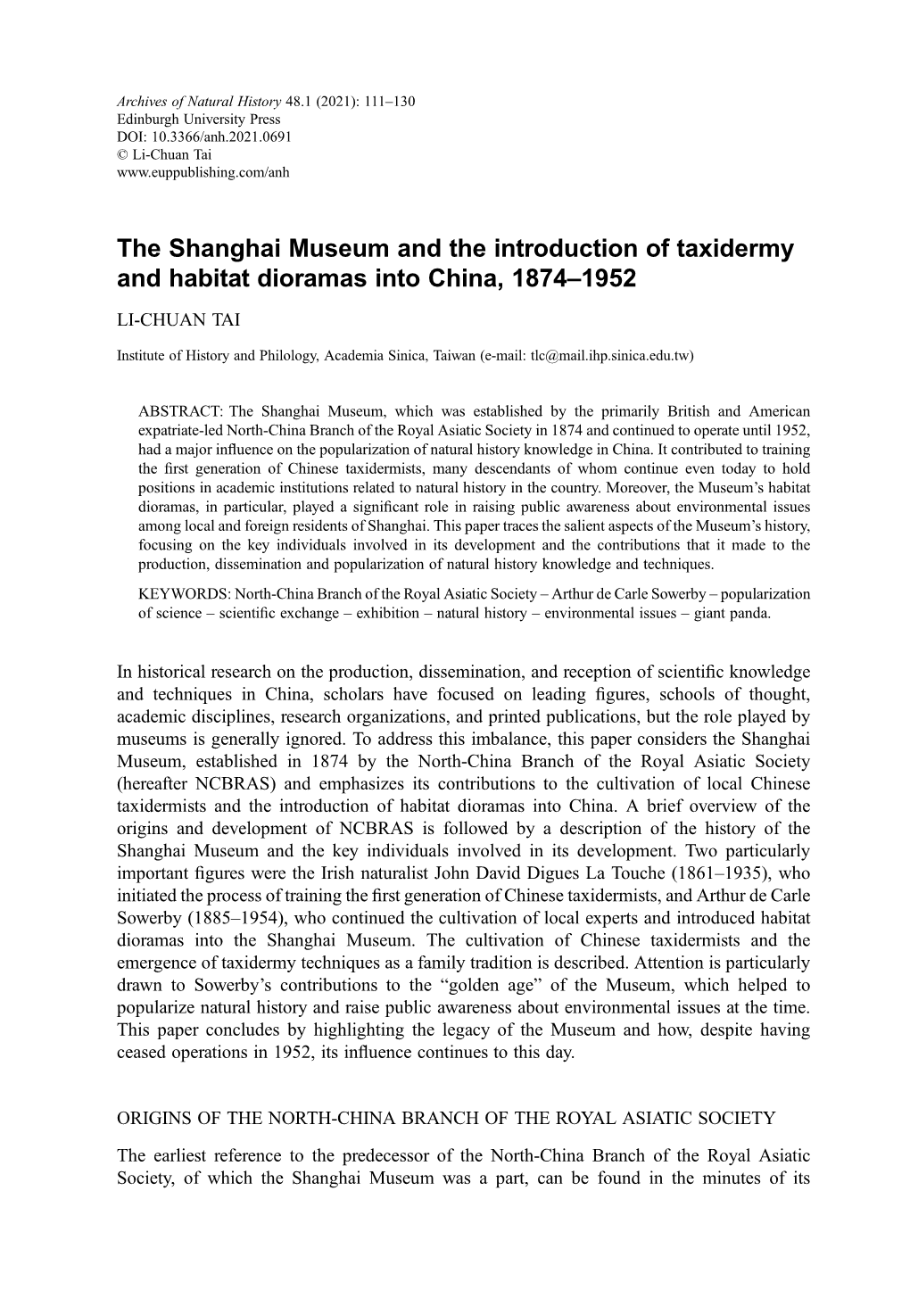 The Shanghai Museum and the Introduction of Taxidermy and Habitat Dioramas Into China, 1874–1952