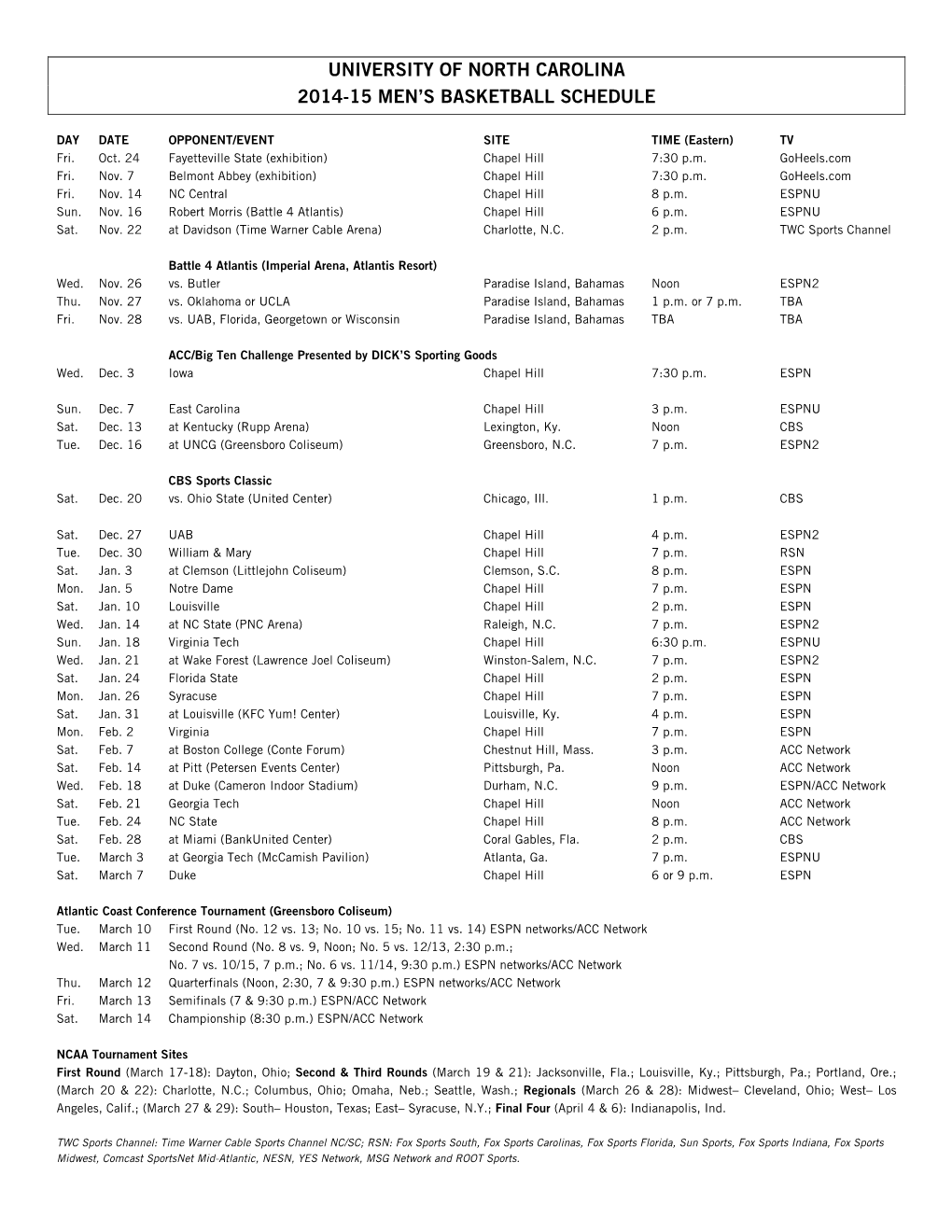 2014-15 Schedule