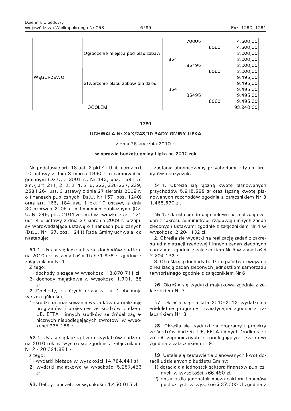 1291 UCHWAŁA Nr XXX/248/10 RADY GMINY LIPKA Z Dnia 26