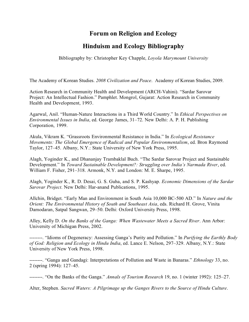 Forum on Religion and Ecology Hinduism and Ecology Bibliography