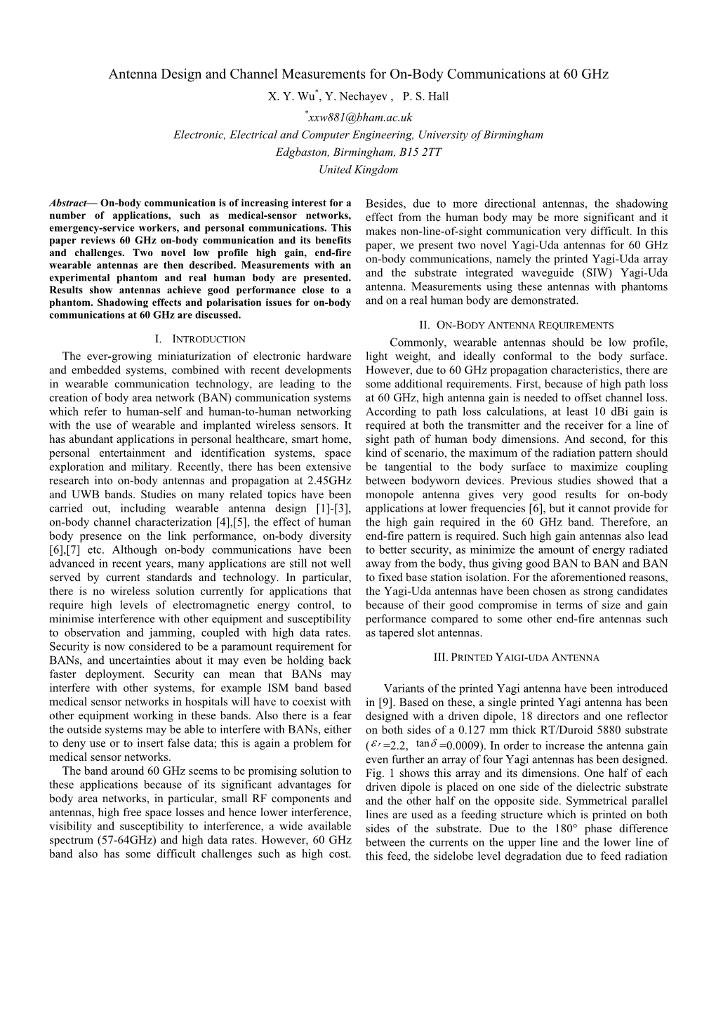 Antenna Design and Channel Measurements for On-Body Communications at 60 Ghz X