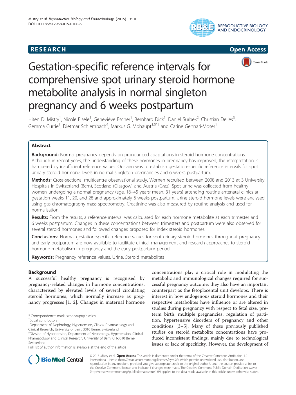 Gestation-Specific Reference Intervals for Comprehensive Spot Urinary Steroid Hormone Metabolite Analysis in Normal Singleton Pregnancy and 6 Weeks Postpartum Hiten D