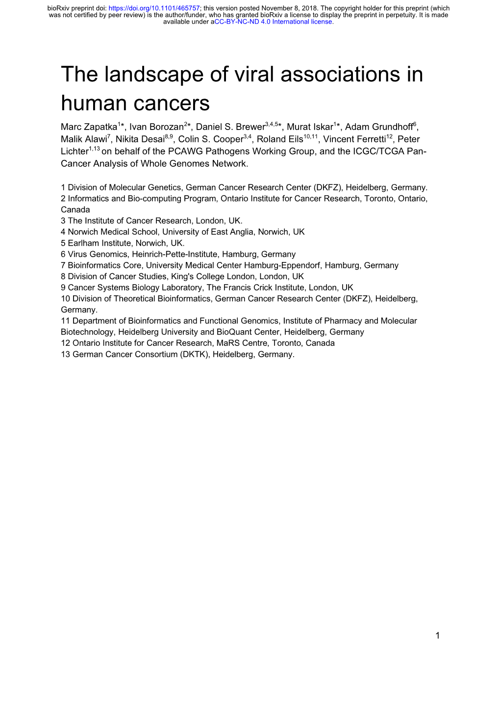 The Landscape of Viral Associations in Human Cancers Marc Zapatka1*, Ivan Borozan2*, Daniel S