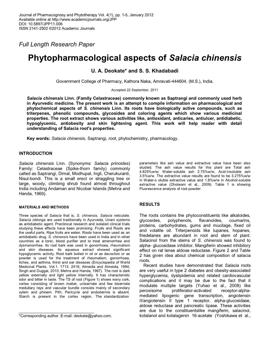 Phytopharmacological Aspects of Salacia Chinensis