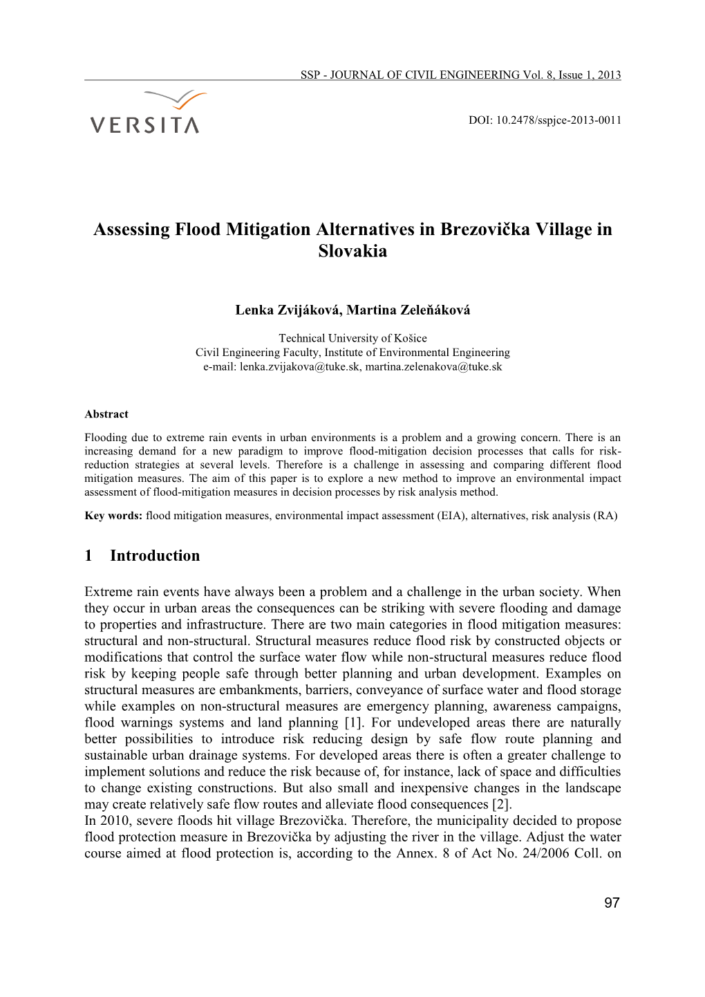 Assessing Flood Mitigation Alternatives in Brezovička Village in Slovakia