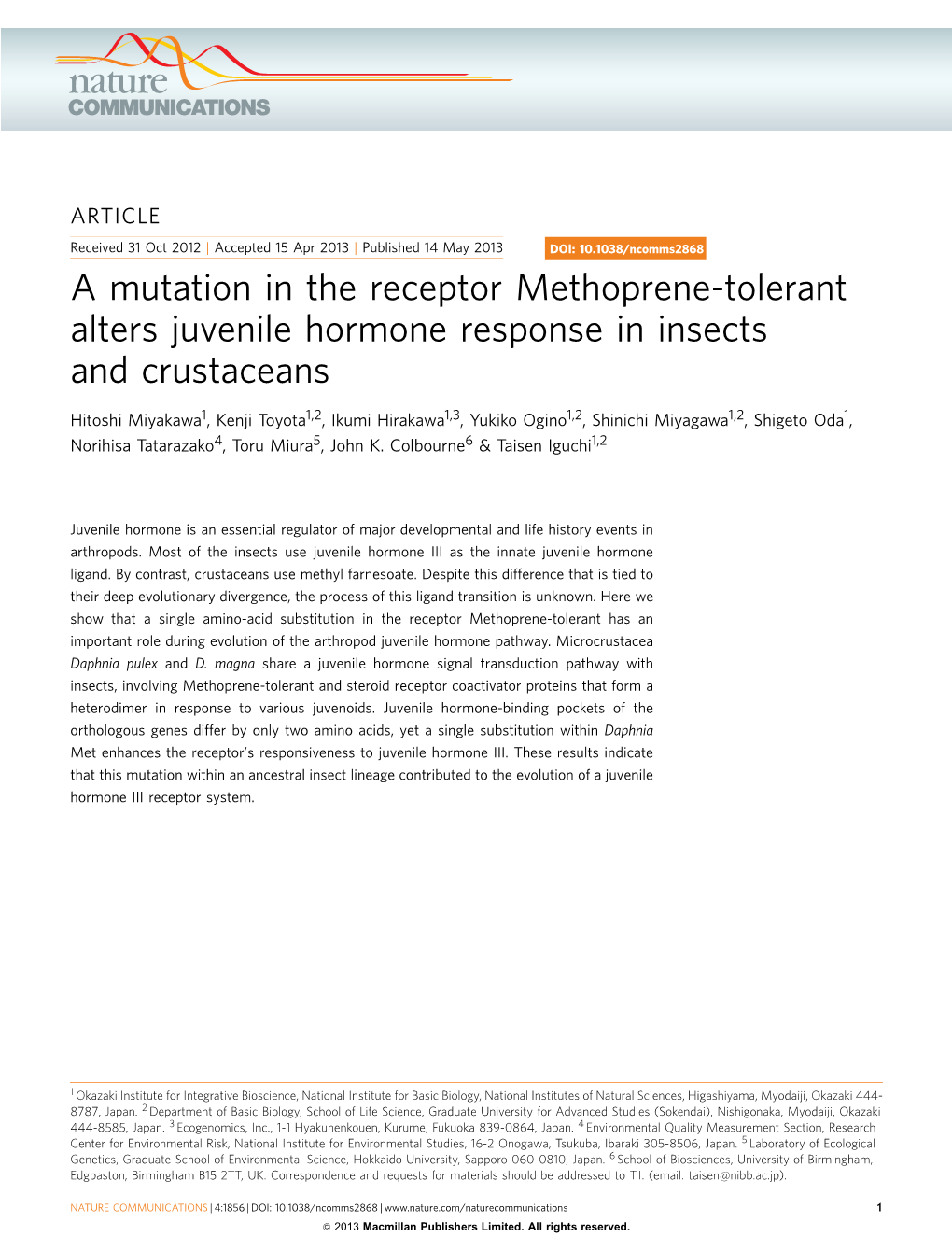 A Mutation in the Receptor Methoprene-Tolerant Alters Juvenile Hormone Response in Insects and Crustaceans