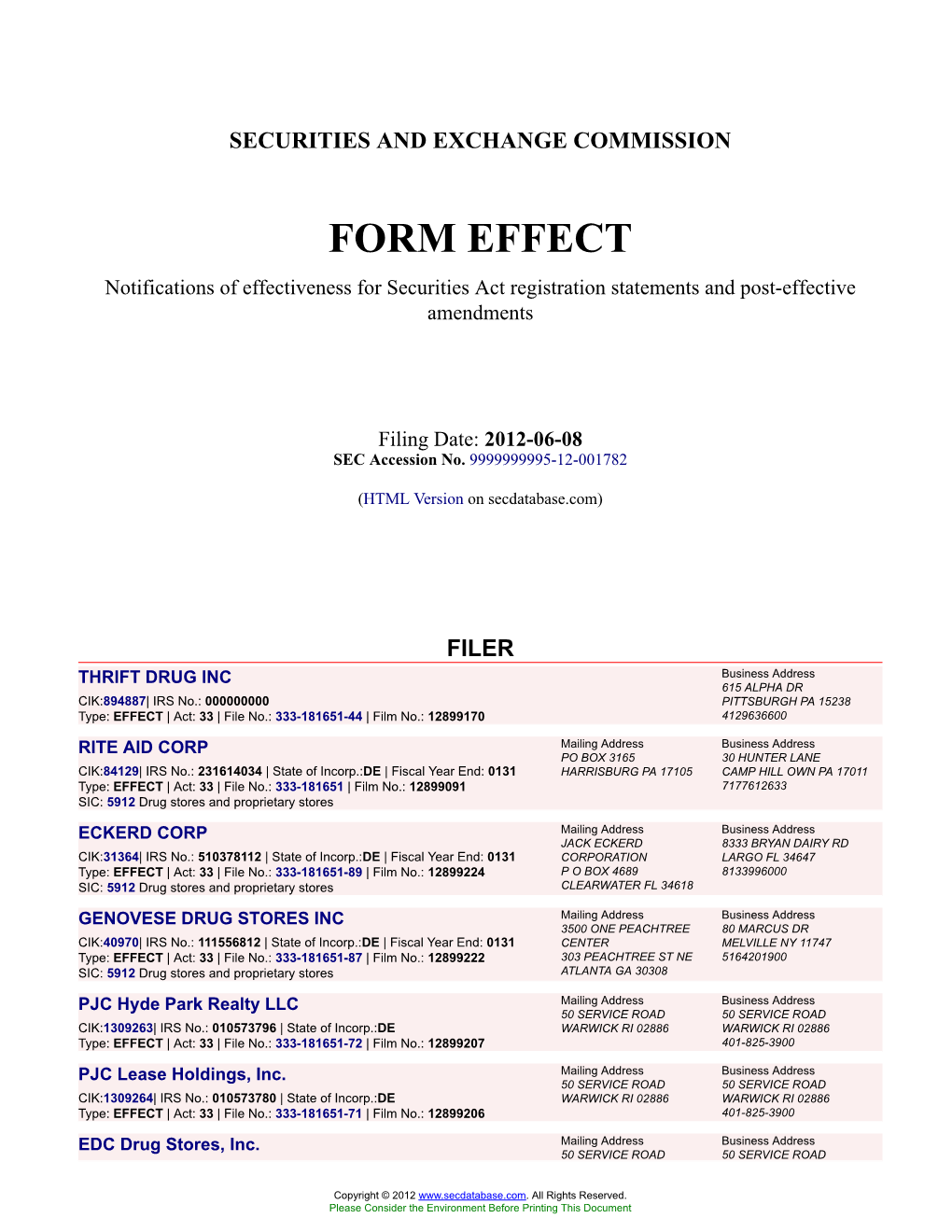 THRIFT DRUG INC (Form: EFFECT, Filing Date