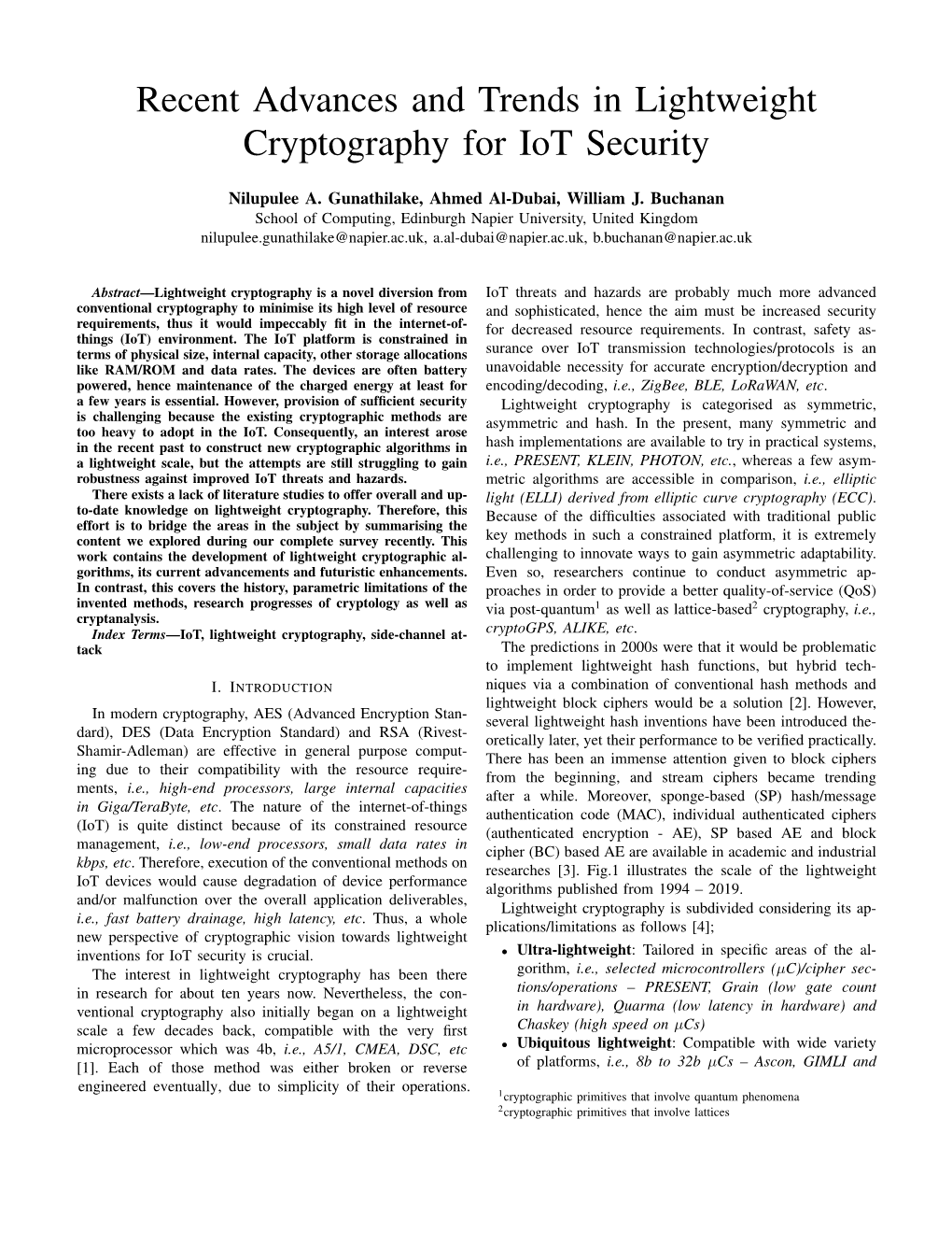 Recent Advances and Trends in Lightweight Cryptography for Iot Security