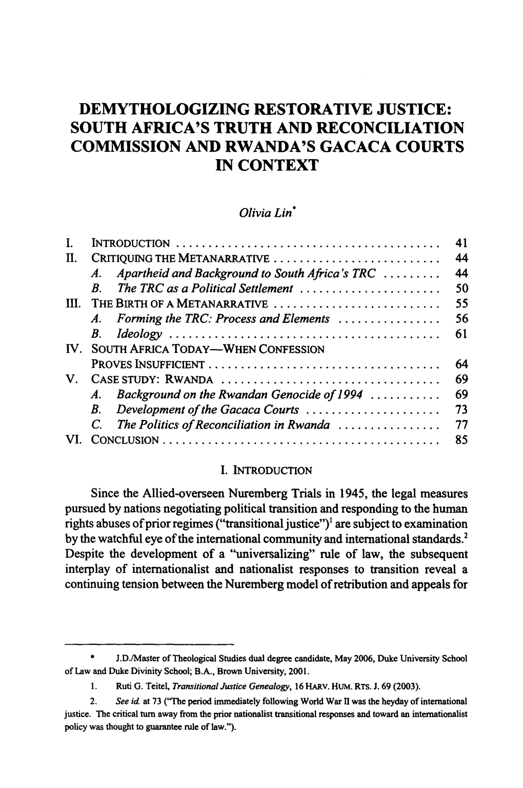 Demythologizing Restorative Justice: South Africa's Truth and Reconciliation Commission and Rwanda's Gacaca Courts in Context