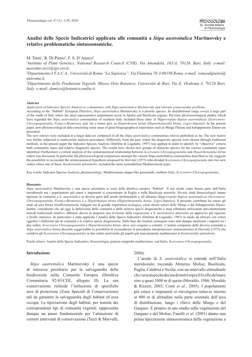 Analisi Delle Specie Indicatrici Applicata Alle Comunità a Stipa Austroitalica Martinovsky E Relative Problematiche Sintassonomiche