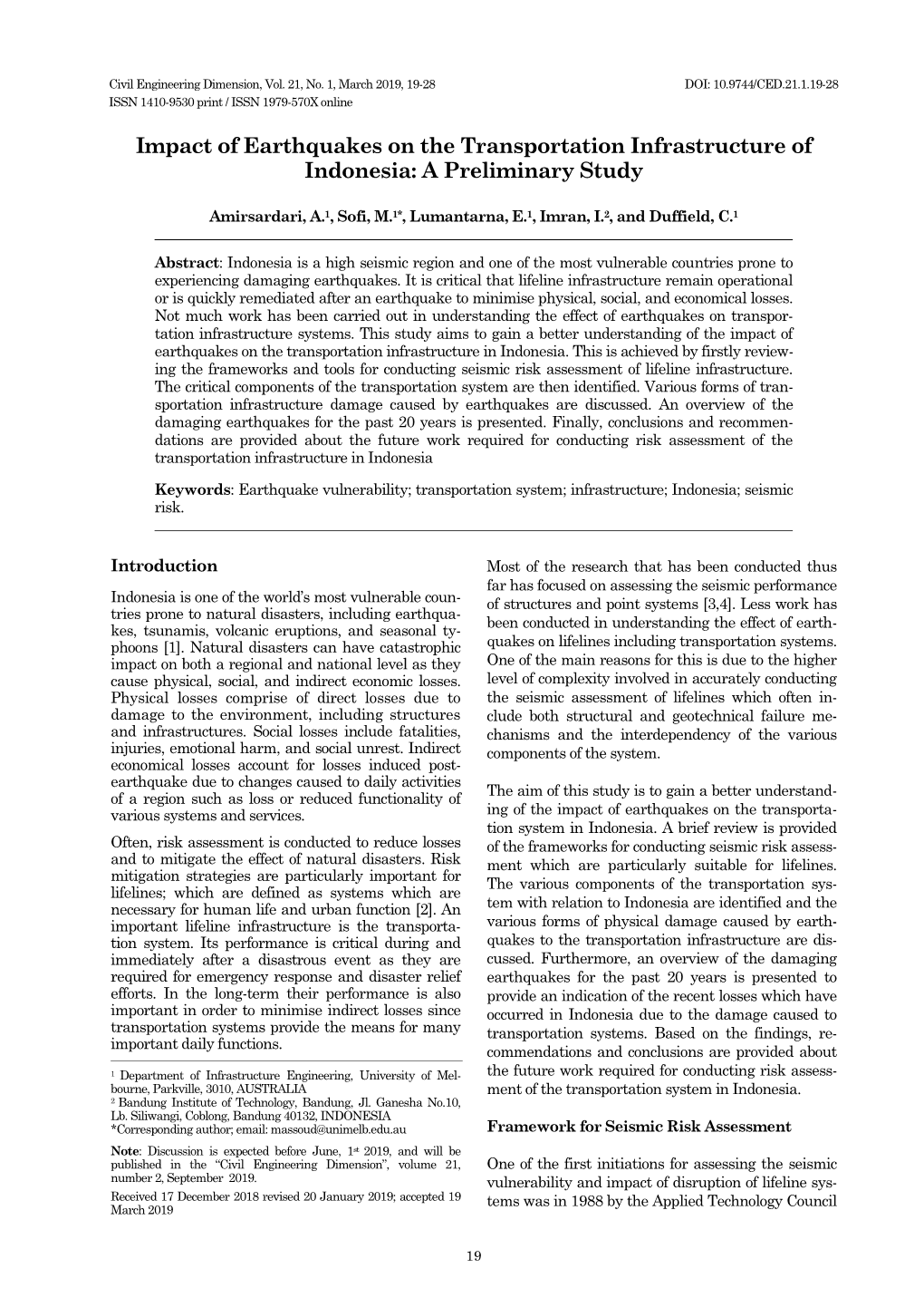 Impact of Earthquakes on the Transportation Infrastructure of Indonesia: a Preliminary Study