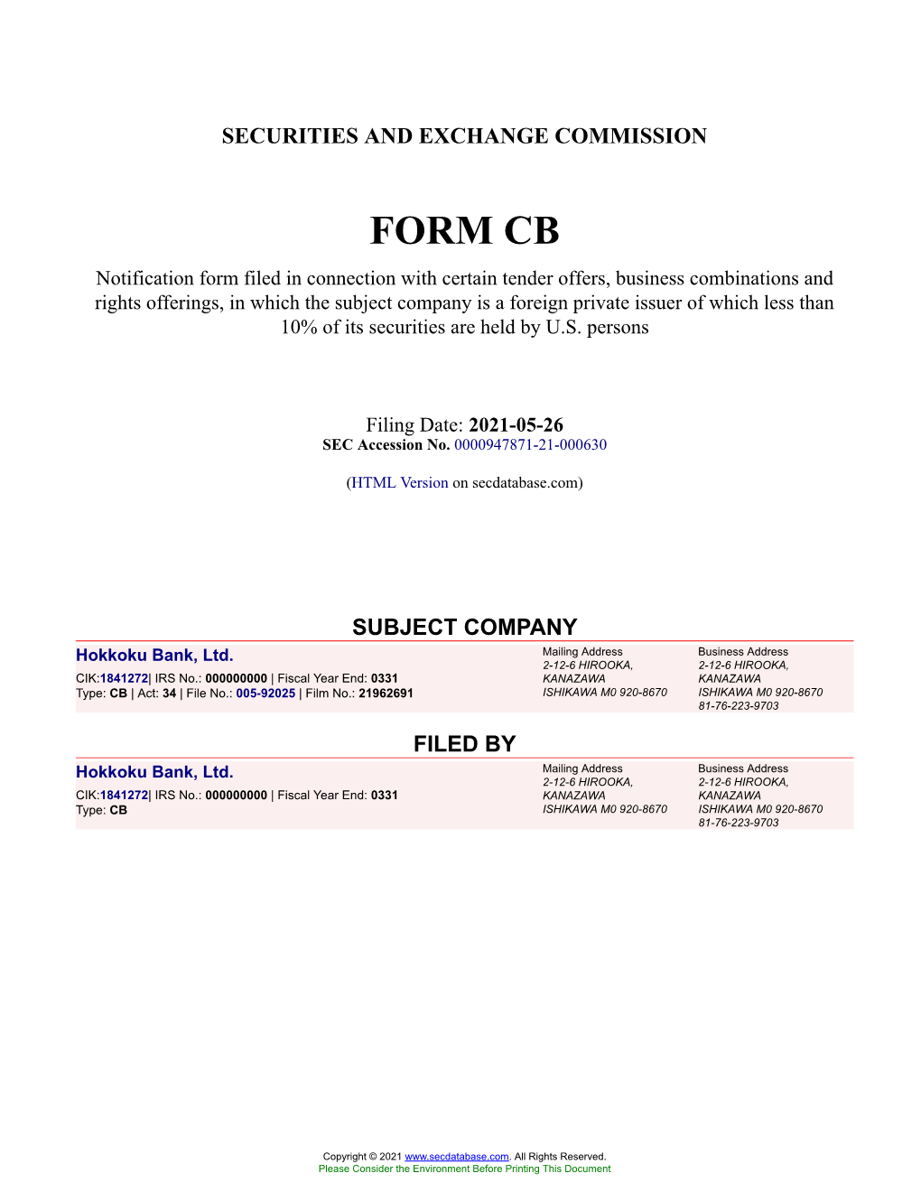 Hokkoku Bank, Ltd. Form CB Filed 2021-05-26