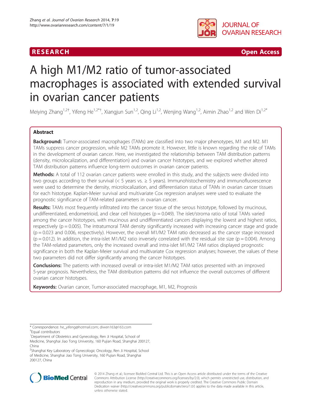 A High M1/M2 Ratio of Tumor-Associated Macrophages Is Associated with Extended Survival in Ovarian Cancer Patients