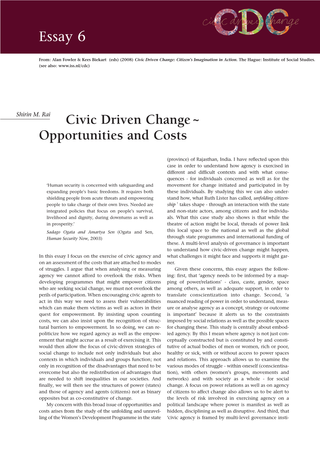 Essay 6 Civic Driven Change – Opportunities and Costs