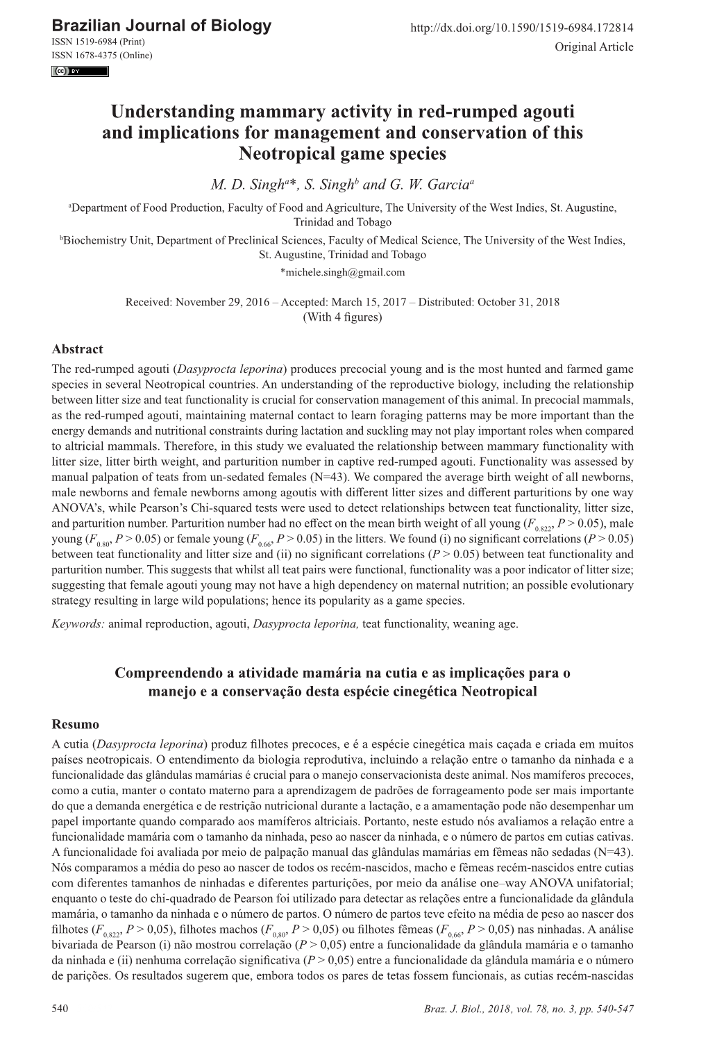 Understanding Mammary Activity in Red-Rumped Agouti and Implications for Management and Conservation of This Neotropical Game Species M