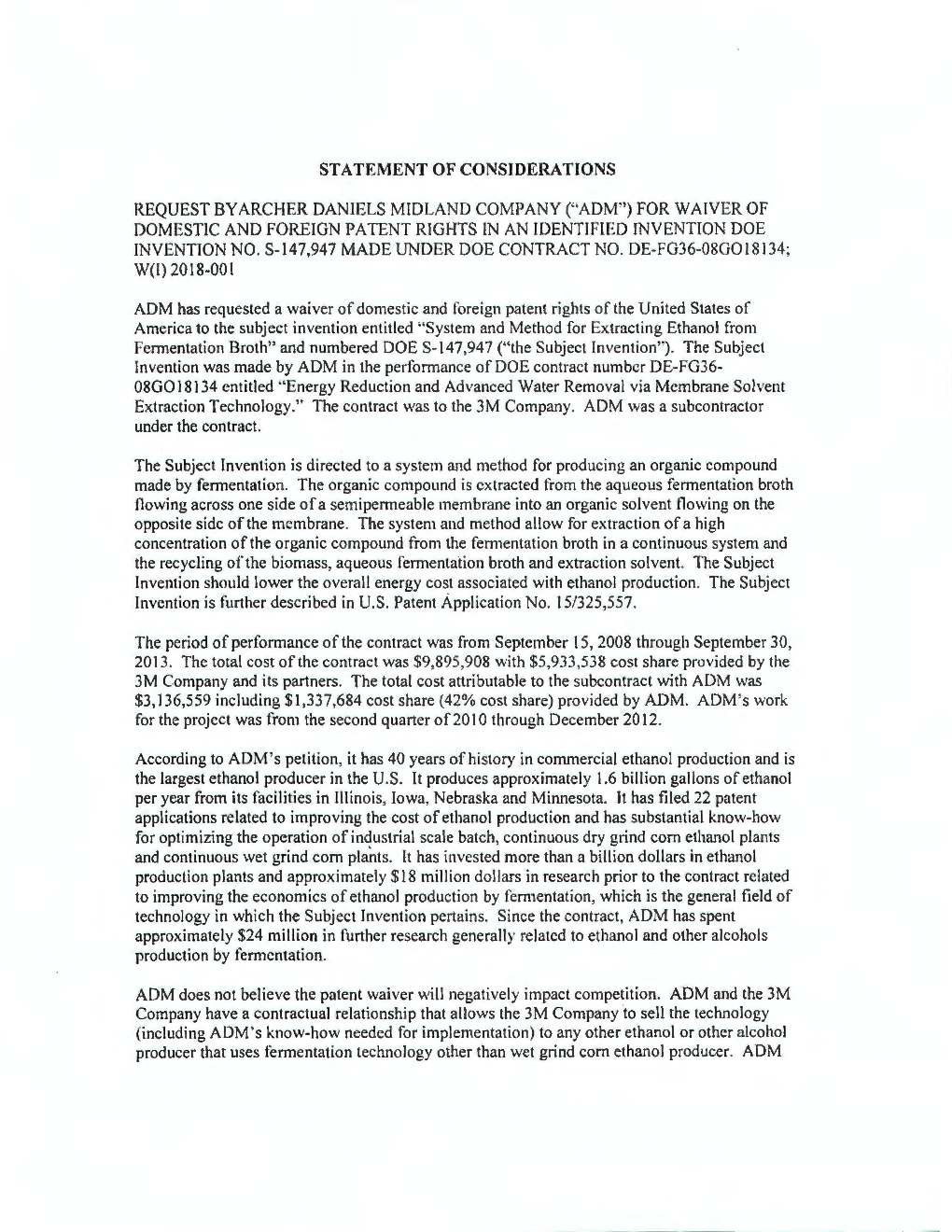 Statement of Considerations Request by Archer Daniels