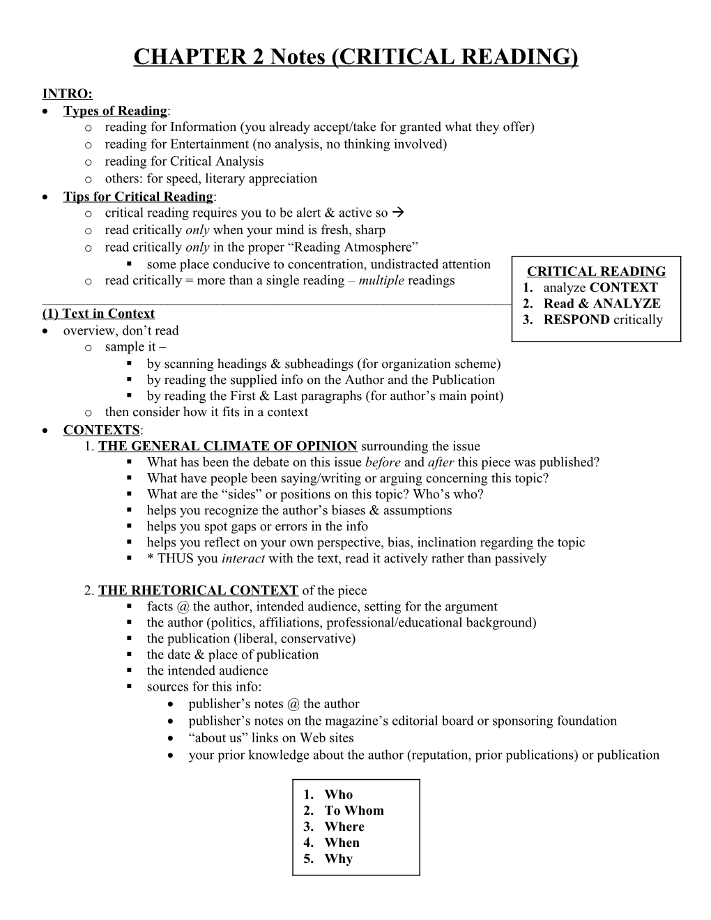 CHAPTER 2 Notes (CRITICAL READING)