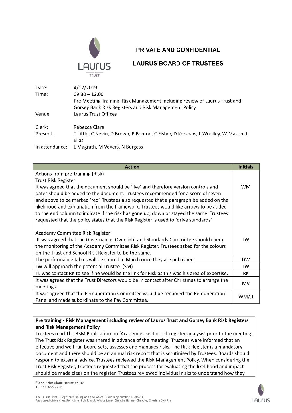Private and Confidential Laurus Board of Trustees