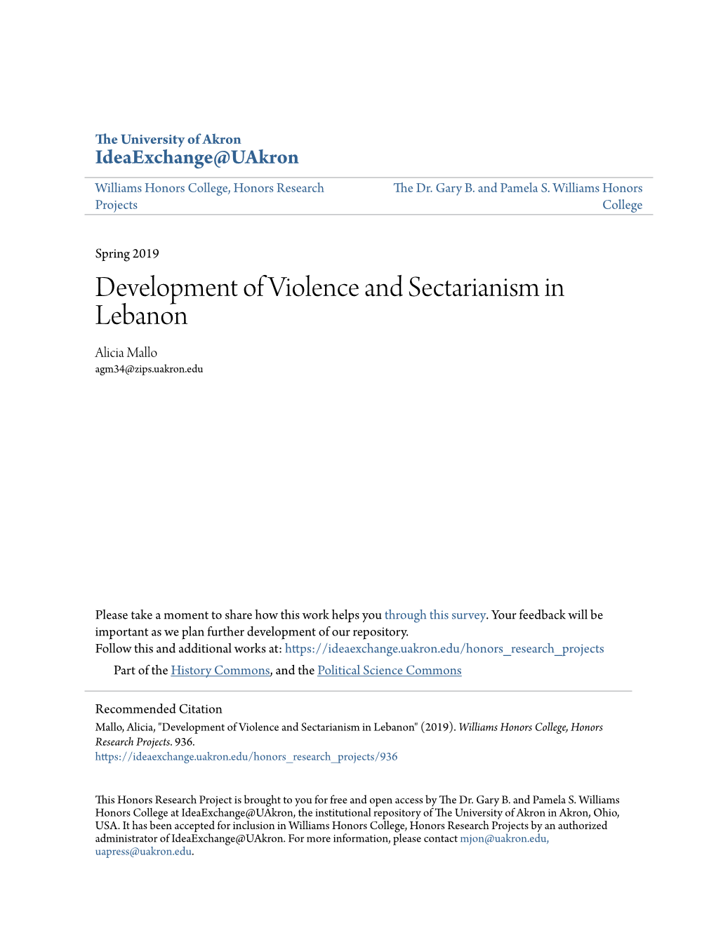 Development of Violence and Sectarianism in Lebanon Alicia Mallo Agm34@Zips.Uakron.Edu